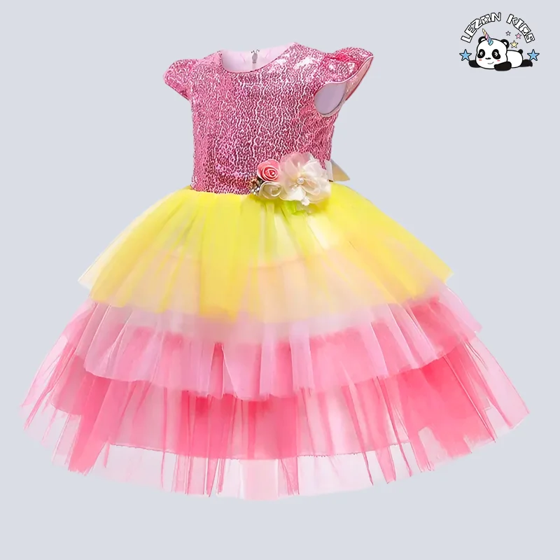 LEZONKIDS - Summer Jacquard Sequins Princess Skirt Hot-Sale Performance Rainbow Cake Girls' Ball Gown Girls' Dress